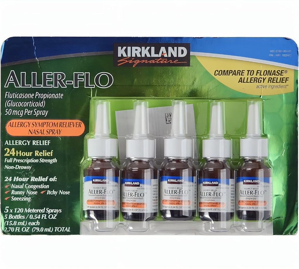 KIRKLAND Signature Aller-Flo Fluticasone Propionate (Glucorticoid) 5 Bottles x 120 Metered Sprays 0,54 Fl OZ per flaska (15,8 mL x 5) 2,70 OZ Total (79 mL Total) 600 Total Sprays Total, 1-Pack
