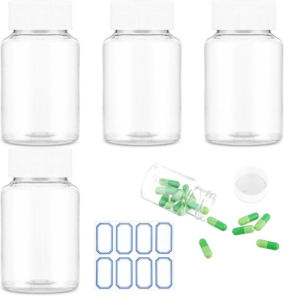 4Stuks Clear Plastic Pill Flessen, 50ml Lege Medicine Containers met Caps voor vloeibaar Solid Powder