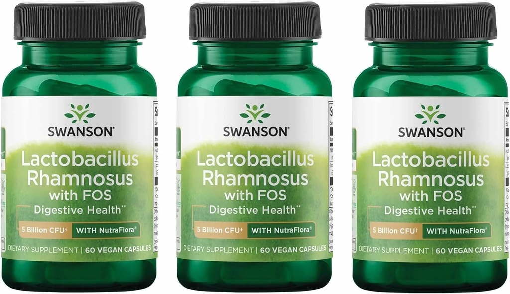 Swanson Lactobacillus Rhamnosus con FOS - Suplemento Probiótico Apoyos Salud Digestiva - 5 Billion CFU - Promueve la Salud Tract GI durante el viaje - (60 Veggie Caps) 3 Pack
