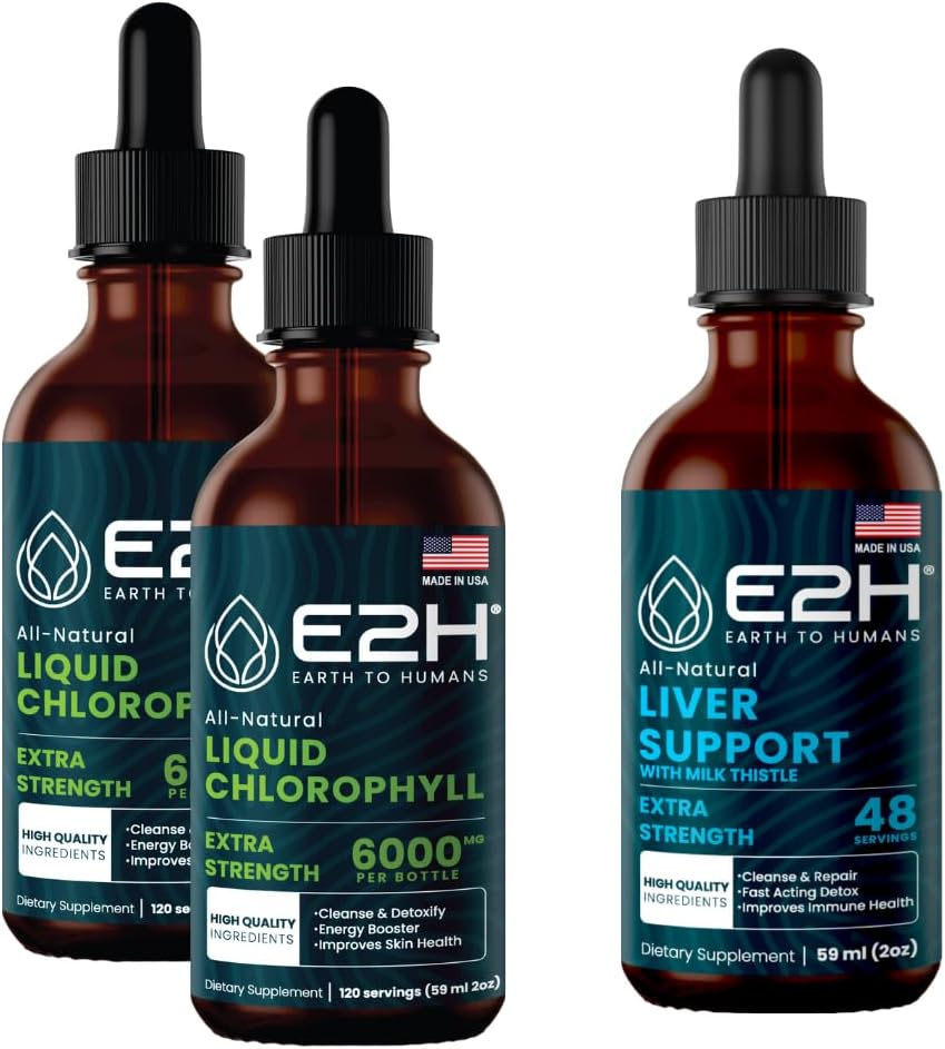 E2H: Chlorophyll Liquid Drops (2 Pack - 4 Fl Oz) and Liver Support Supplement (Single Bottle - 2 Fl Oz) | Vegan, Non-GMO - (6 Fl Oz Total) - Bundle