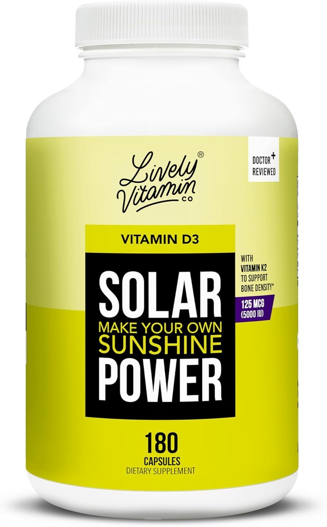 ŽIVI VITAMIN CO. Solar Power Vitamin D3 5000 iu - Patentirani vitamin K - MK7 - Imunsko ravnovesje - Možganska funkcija - Mood - Srce - Stres - 180 Count