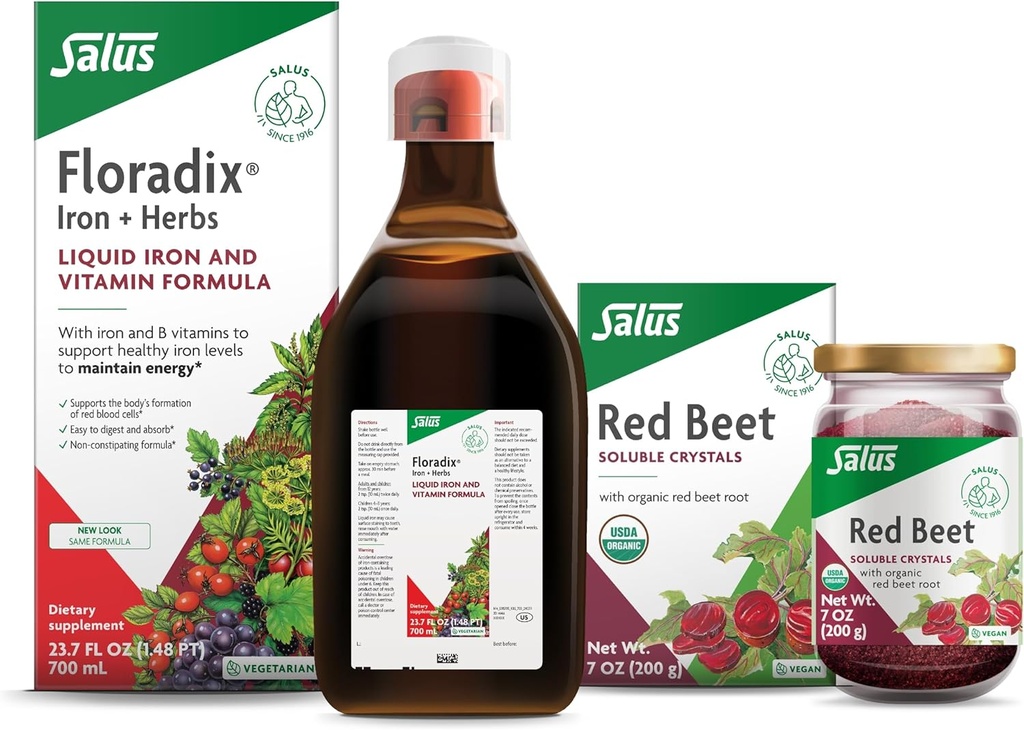 Flordix Iron & Herbs (23.7 oz) & Salus Red Beet Crystals (7 oz) - תוספת ברזל לתמיכה באנרגיה בריאה * & אורגני Beet Root Drink