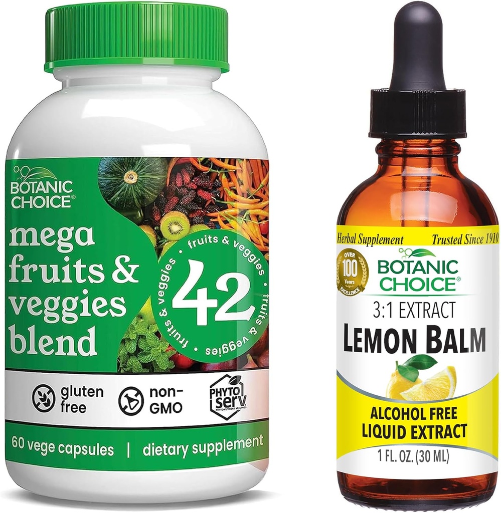 Botanic Choice Mega Fruits and Veggies Blend (60 Capsules) + Lemon Balm Tincture (1 fl oz) Bundle - Energy Balance ' Superfood supplement + restation and sleep Support