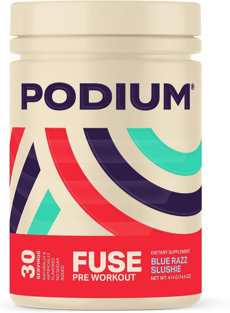 Podium Nutrition, Fuse Pre Workout Powder, Blue Razz Slushie, 30 Słupki, Beta Alanina i kofeina dla energii, Gluten Free, Soy Free, Dairy Free