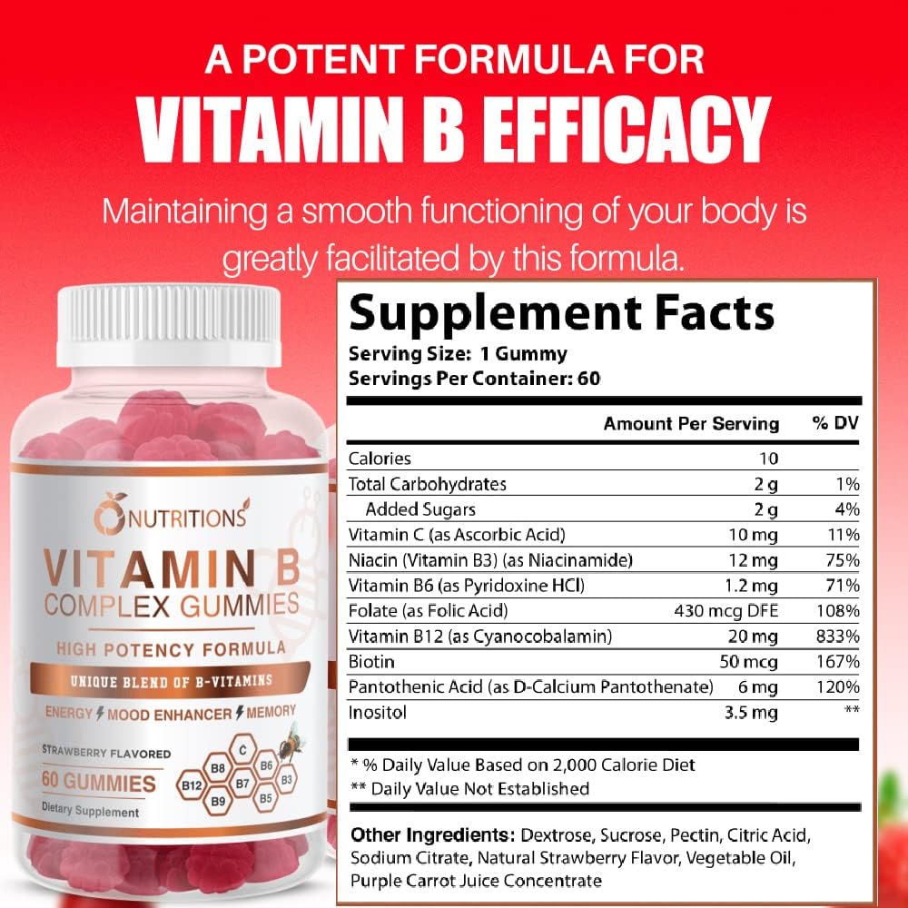 O NUTRITIONS Vitamin B Complex Vegan Gummies mit Vitamin B12, B7 als Biotin, B6, B3 als Niacin, B5, B6, B8, B9 als Folate für Stress, Energie und gesundes Immunsystem (1 Packung)