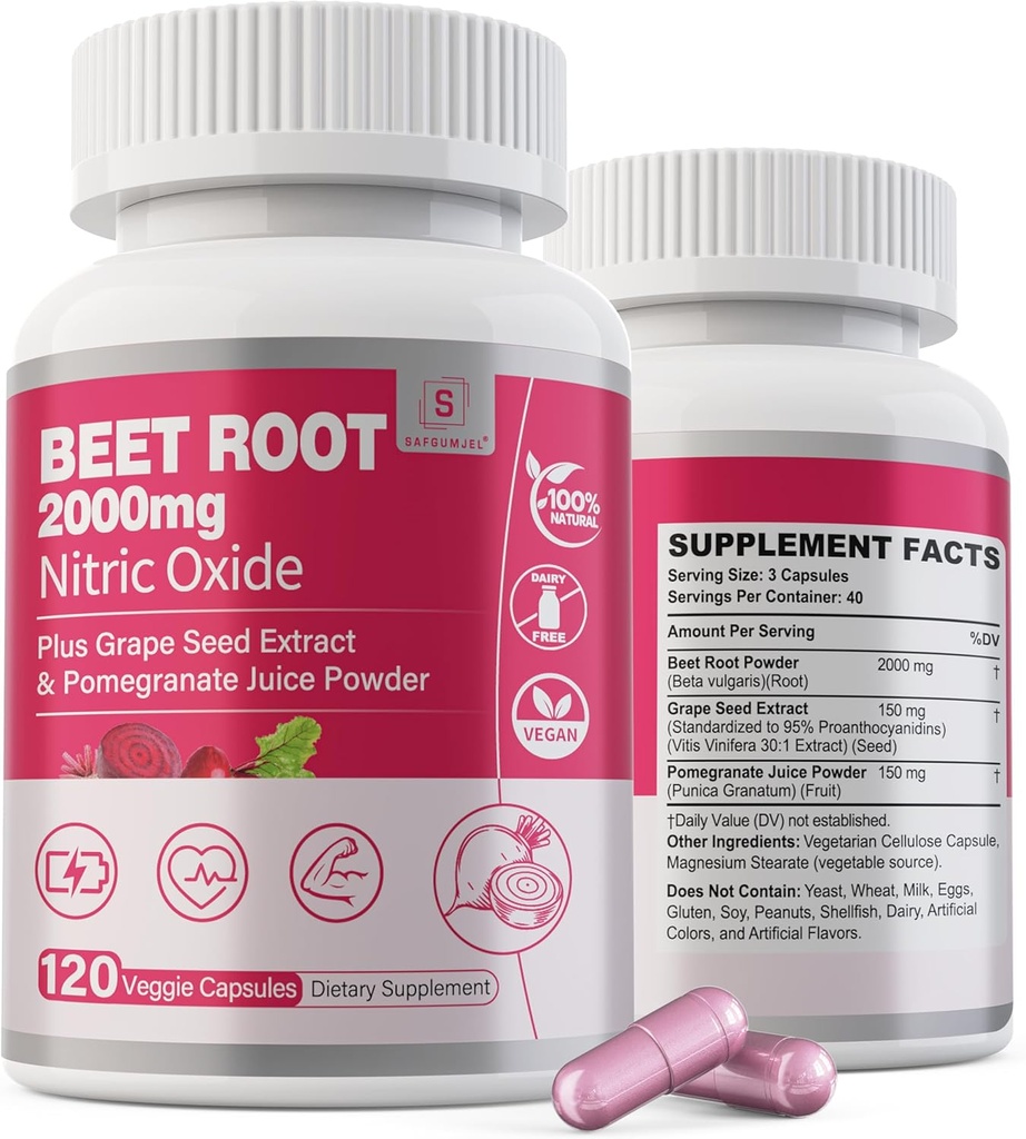 Beet Root Capsules 2000mg Nitric Oxid Ergänzungen w/ Grape Seed Extract, Granatapfelextrakt unterstützt Zirkulation & Blutfluss, Energie für Männer/Frauen, Bio-Beetroot Pulver, Non GMO, 240 Zähler