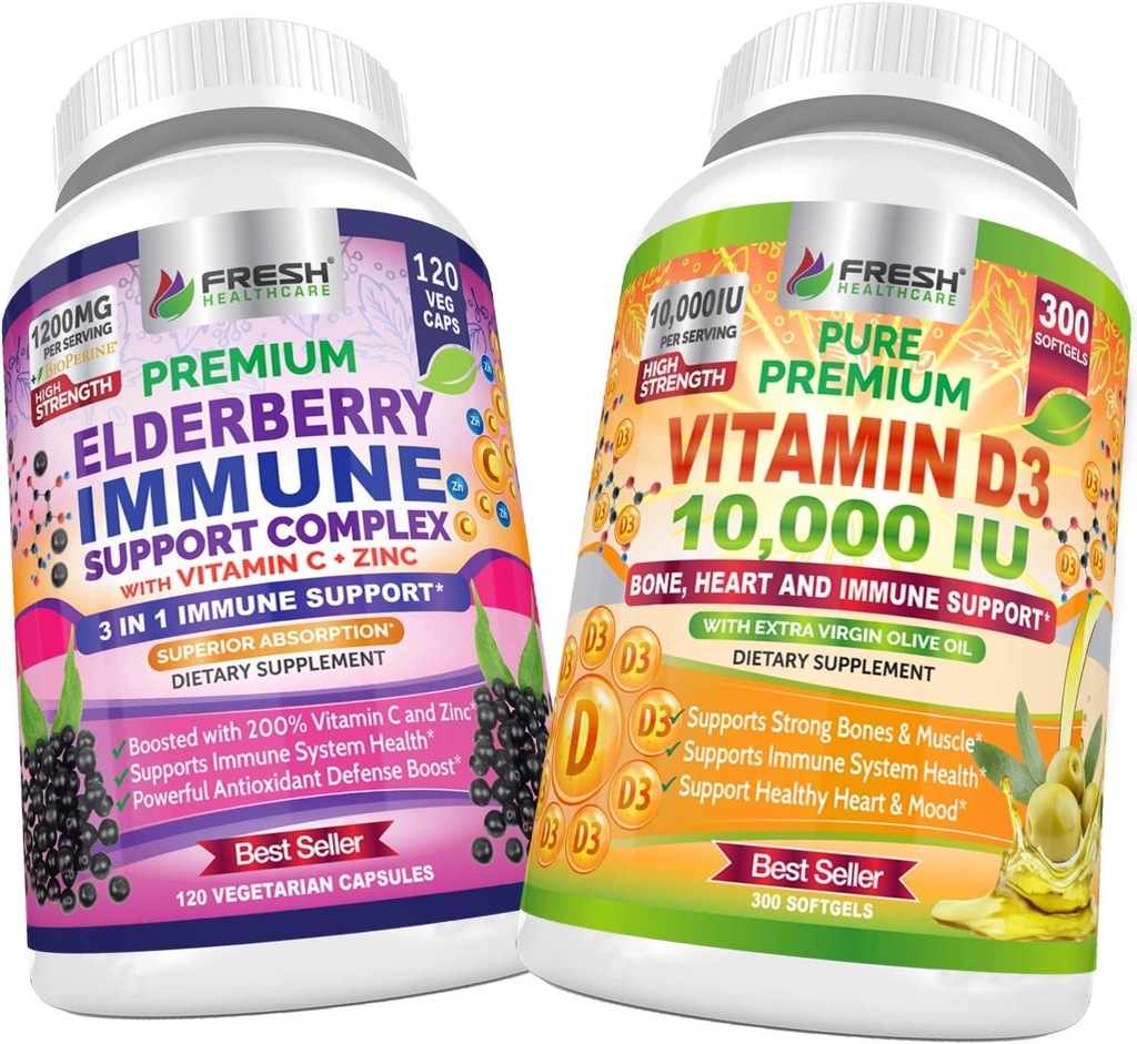 FRESH HEALTHCARE Elderberry Immune euskarria eta D3 10.000 IU bitamina - Bundle