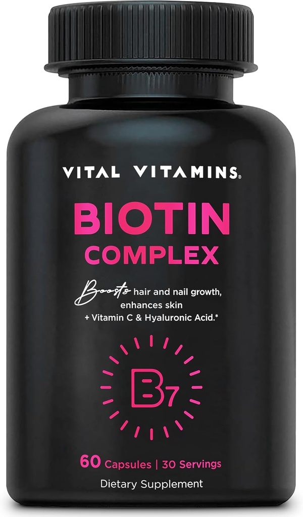 Vital Vitaminas Biotin Complex Pills - con ácido hialurónico, MSM, coláxeno, e vitamina C - Suplemento para cabelo, pel e unhas - 60 cápsulas
