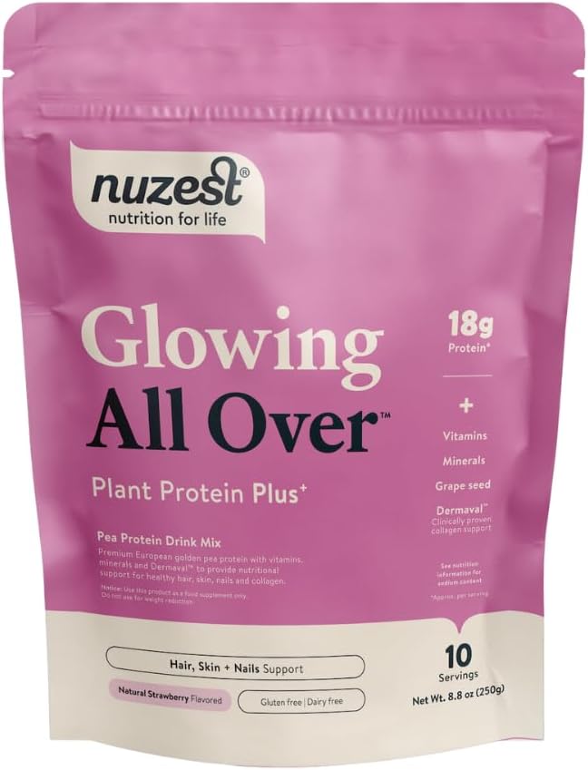 Nuzest Protein Plus | Glowing All Over | Strawberry | Support of Healthy Hair, Skin, Nails and Collagen Production | Vitamins and Minerals | 8.8oz/ 250g (10 Servings)