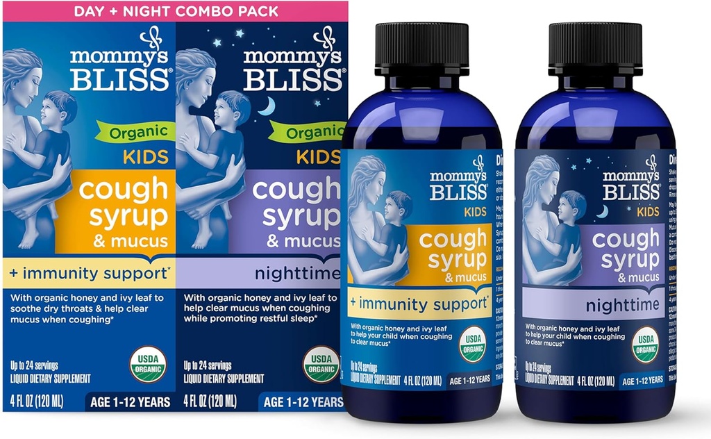 Mommy's Bliss Organic Cough Syrup & Mucus for Kids, Day and Night Combo Pack with Vitamin C and Immunity Support, 유기농 꿀과 아이비 리프 포함, 4 Fl Oz (패치 2)