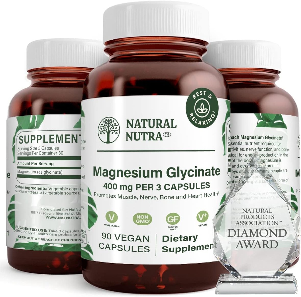 Natural Nutra Magnesium Glycinate 400 mg Tillägg, främjar kardiovaskulär hälsa, Vegan, hjälper till att förbättra benhälsa, sojafri, 90 kapslar
