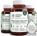Natural Nutra Magnesium Glycinate 400 mg Dodatek, Podporuje kardiovaskulární zdraví, Vegan, Pomáhá zlepšit zdraví kostí, Soy Free, 90 Kapsle