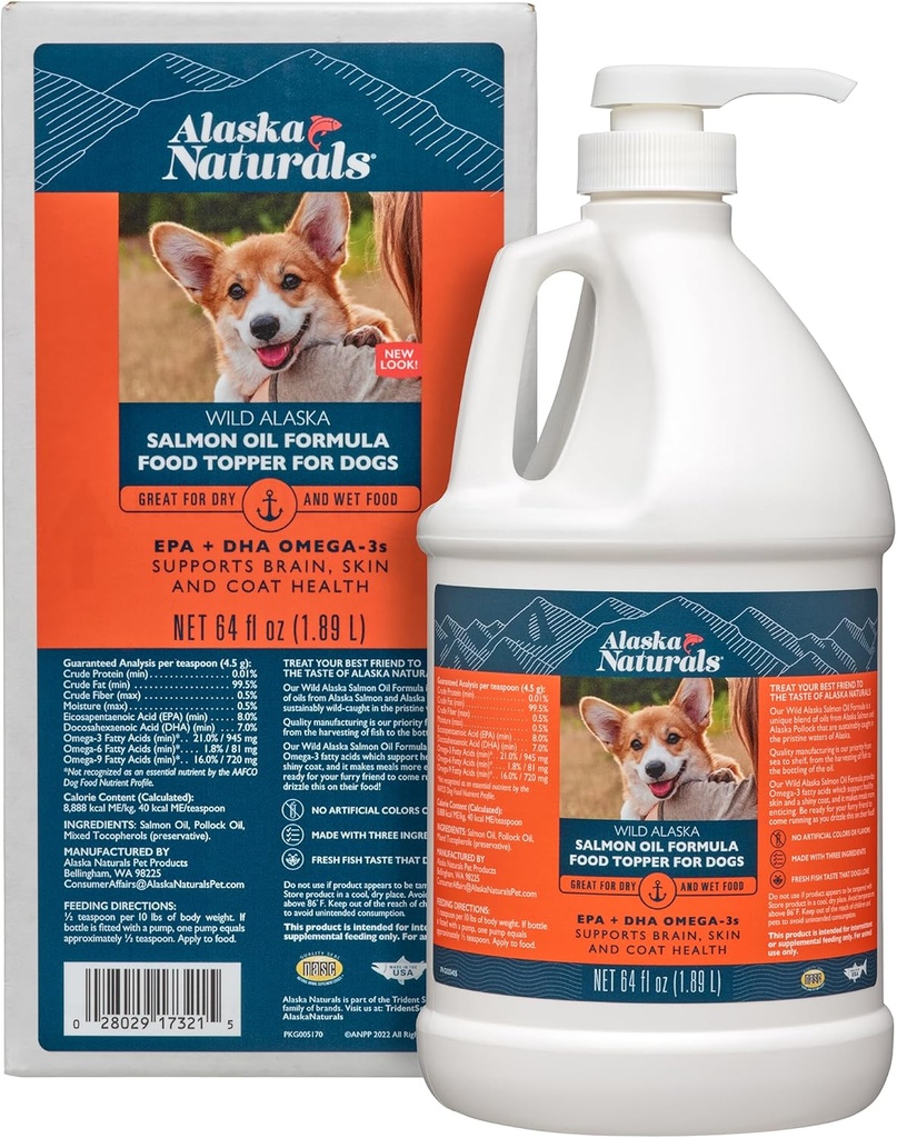 Alaska Naturals Wild Alaskan Salmon Balıq Yağı Köpeklər üçün əvvəl və EPA DHA Omega 3 Fatty Acids Liquid Food Topper 64 oz ilə Coat. Bakı