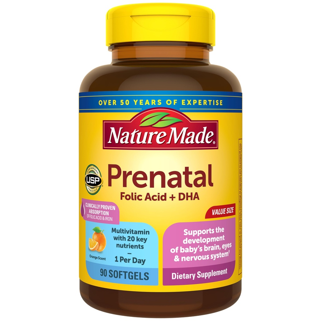 Nature Made Prenatal Vitamins for Women with Folic Acid + DHA, Prenatal Vitamin and Mineral Supplement for Daily Nutritional Support, 90 Softgels, 90 Day Supply