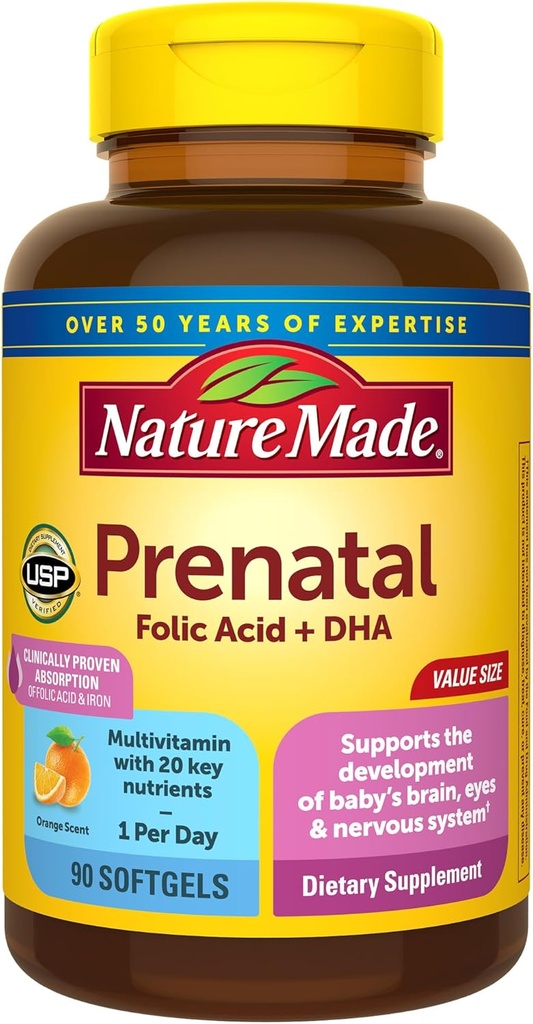 Natureza feito pré-natal com ácido fólico + DHA, vitamina pré-natal e suplemento mineral para suporte nutricional diário, 90 Softgels, fornecimento de 90 dias