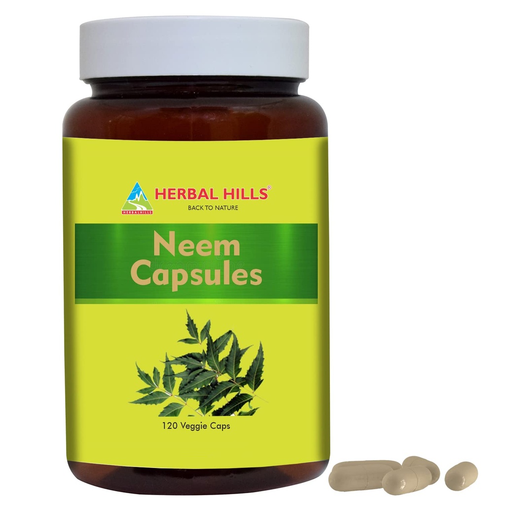 HERBAL HILLS Neem Capsules 120 Vegie Capsules Neem Leaf Azadirachta Indica 700 mg Powder and Extract Blend in a Capsule