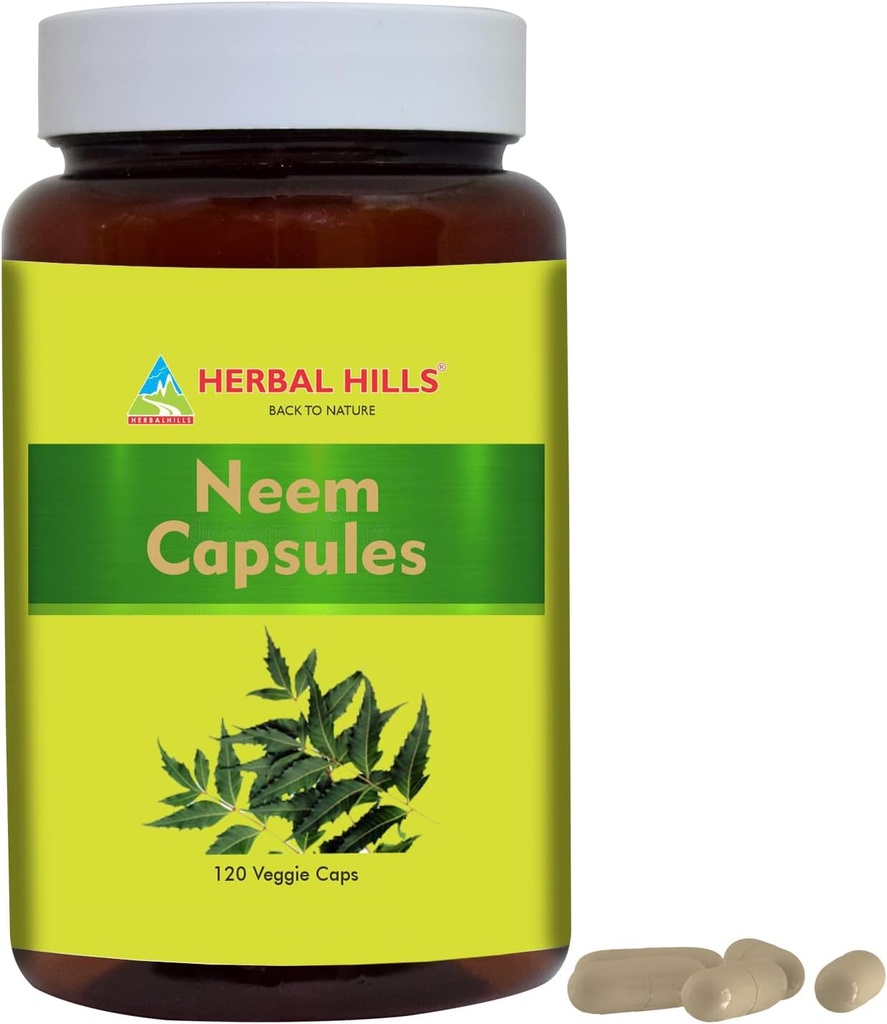 HewBAL HILLS Neem Neesules 120 Vegie Capules Neem Leaf Azadirta IIdica 700 mg Powder i extraquen en un entorn de Capsule