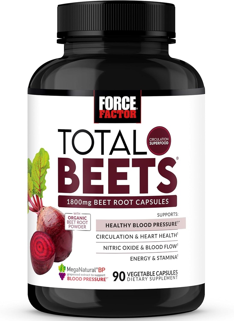 Force Factor Total Beets Blood Pressure Support Beet Root Capsules, 1800mg Organic Beet Root Powder Beet Supplement with Hawthorn Berry to Support Circulatie and Blood Flow, 90 Plantaardige Capsules