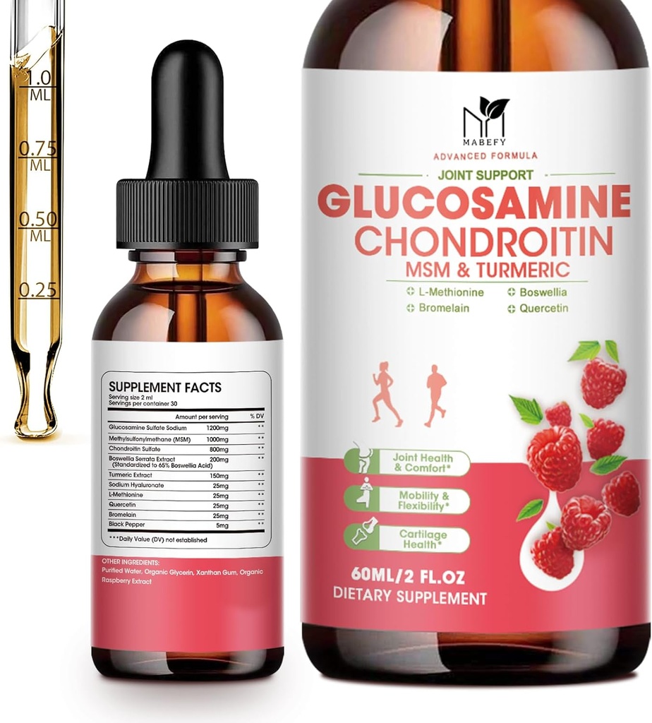 Glucosamine Chondroitin MSM Liquid Drops-w/ Turmeric Boswellia Quercetin Bromelain-Vegan, Antioxidant Support for Back,Knee,Hands-Joint Support Supplement Supports Healthy Joints, Mobility & Cartilage