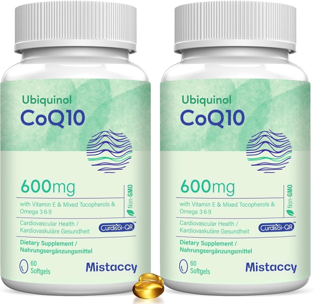 CoQ10 600mg Softgels - висока абсорбция CoQ10 Ubiquinol добавка - намалена форма с витамин E & Omega 3 6 9       . .