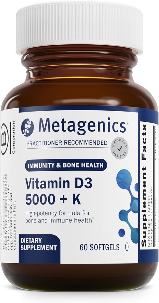 Metagēni D3 vitamīns + K - Artērijas veselībai, imūnsupportam, kaulu un sirds veselībai* - D vitamīns ar MK-7 (K2 vitamīns - ne-GMO - bez lipekļa - 60 softgeli - 5000 SV