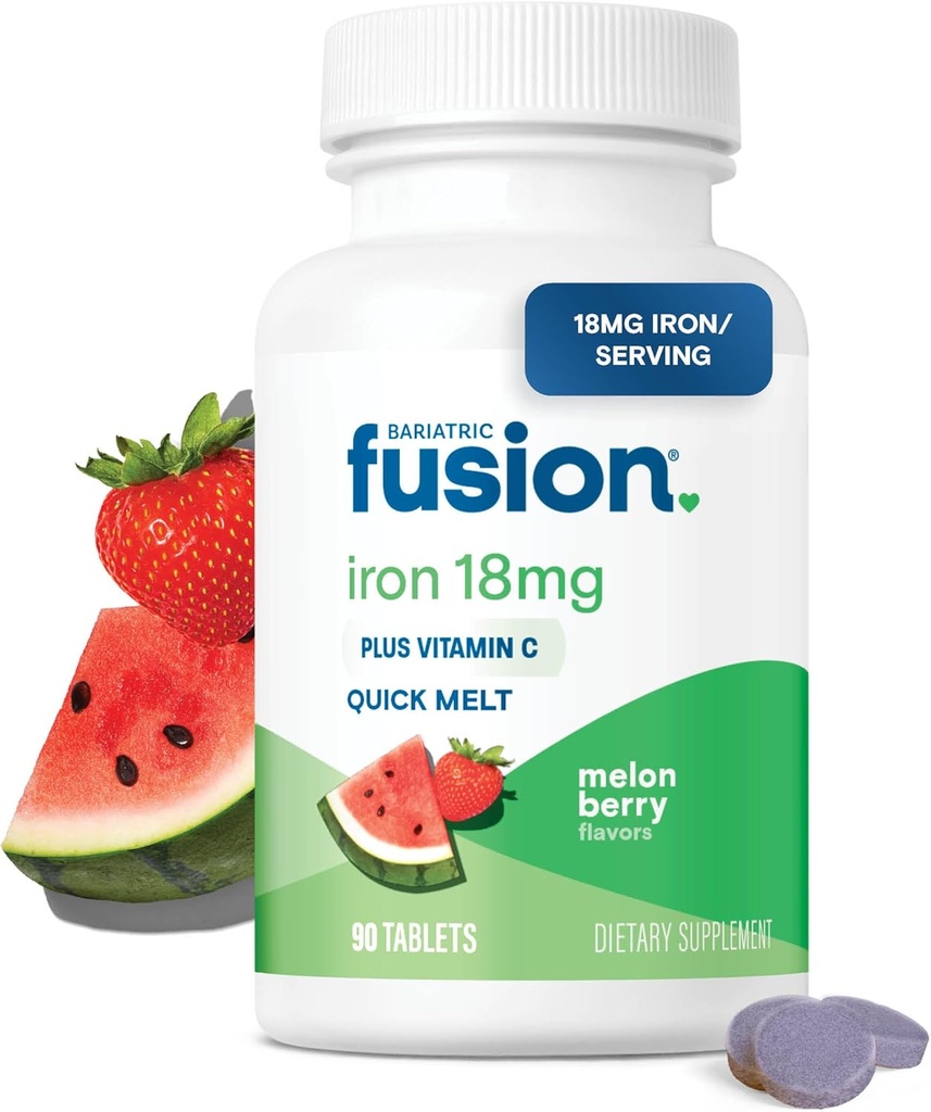 Bariatric Fusion Iron Supplement for Women Quick Melt | Sugar Free Dissolvable Chewable Iron Tablets | Ferrous Fumarate 18 mg Iron med vitamin C | Melon Berry | Gluten, Dairy och Soy Free | 90 Count