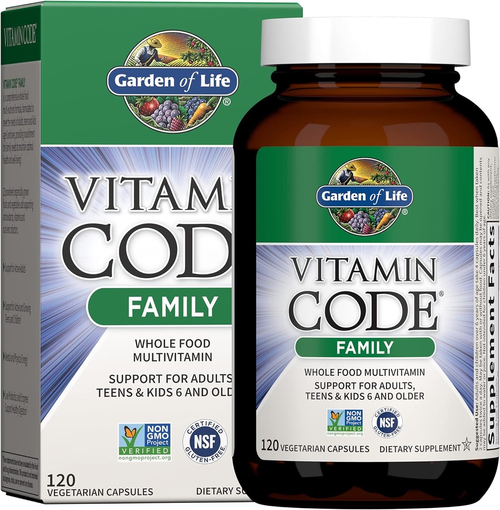 Garden of Life Multivitamin per a Dones, homes i nens de 6 anys i superior, Family Code Multi - 120 Vegetarian Capules, Tots els aliments, barrejant i probiòtics, Guten Free Dietary suplementaris
