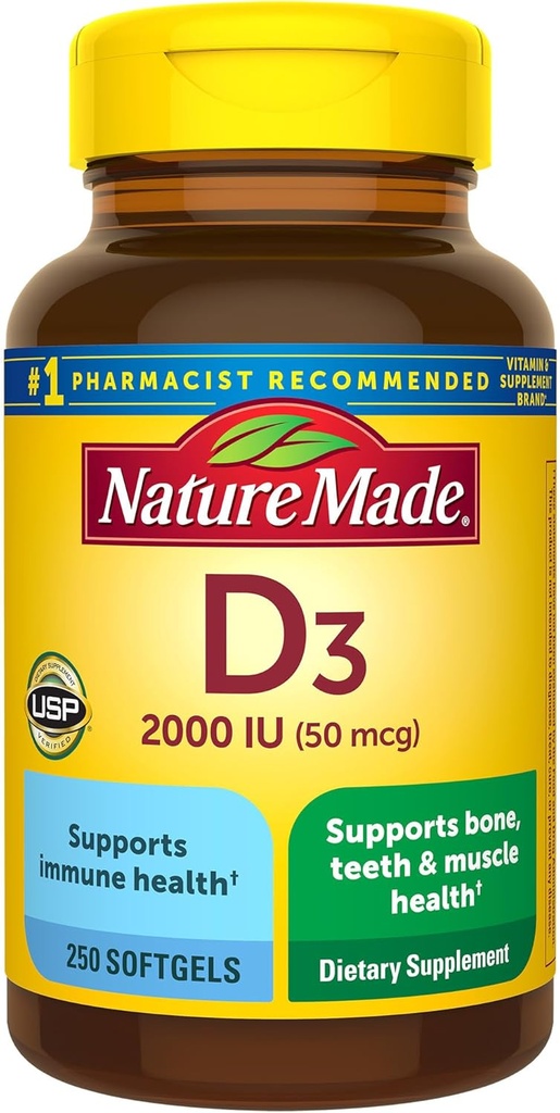Nature Made Vitamin D3 2000 IU (50 mcg), Suplemento de vitamina D para ósos, dentes, apoio muscular e inmune á saúde, 250 Softgels, 250 Day Supply