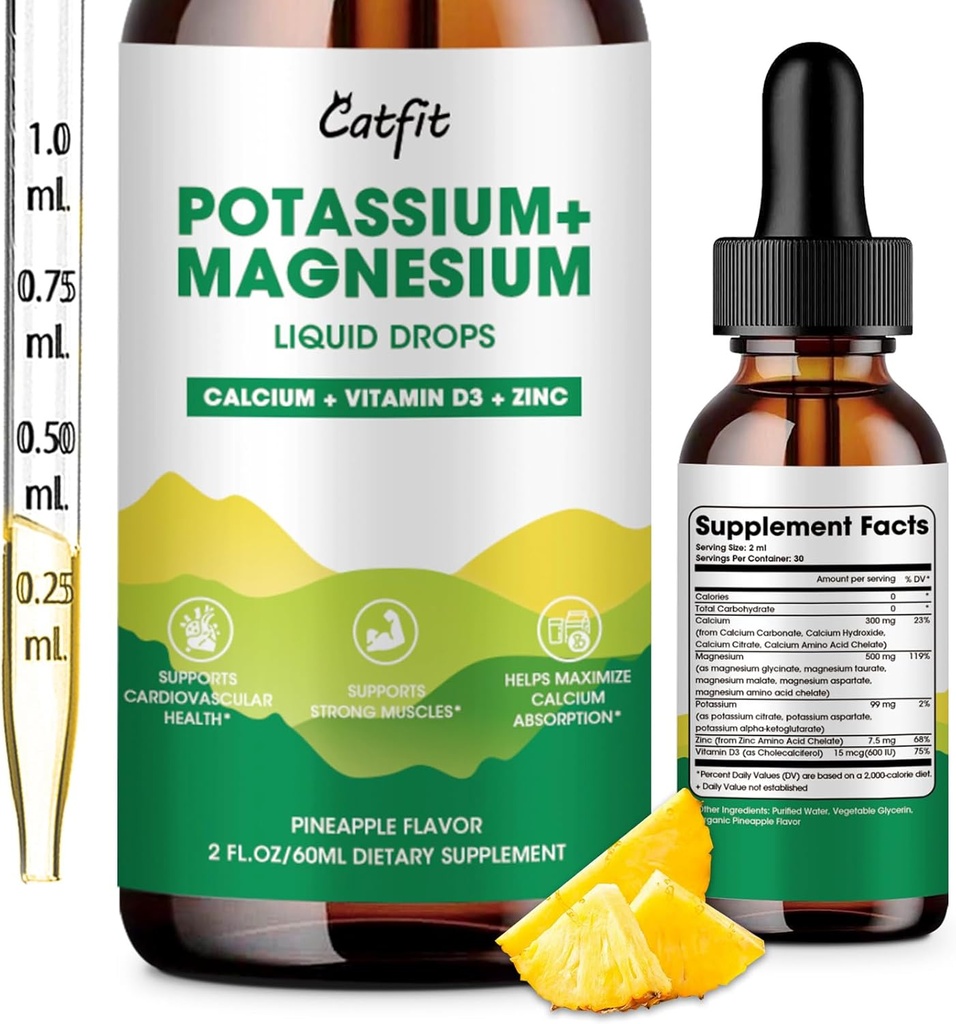 Potassium Magnesium Glycinate Supplement-High Absorption Magnesium Complex Liquid Drop with Calcium, Potassium, Vitamina D3 & Zinc for Sleep,Leg Cramps, Muscles & Energy, Sugar Free&Vegan 2 Fl Oz