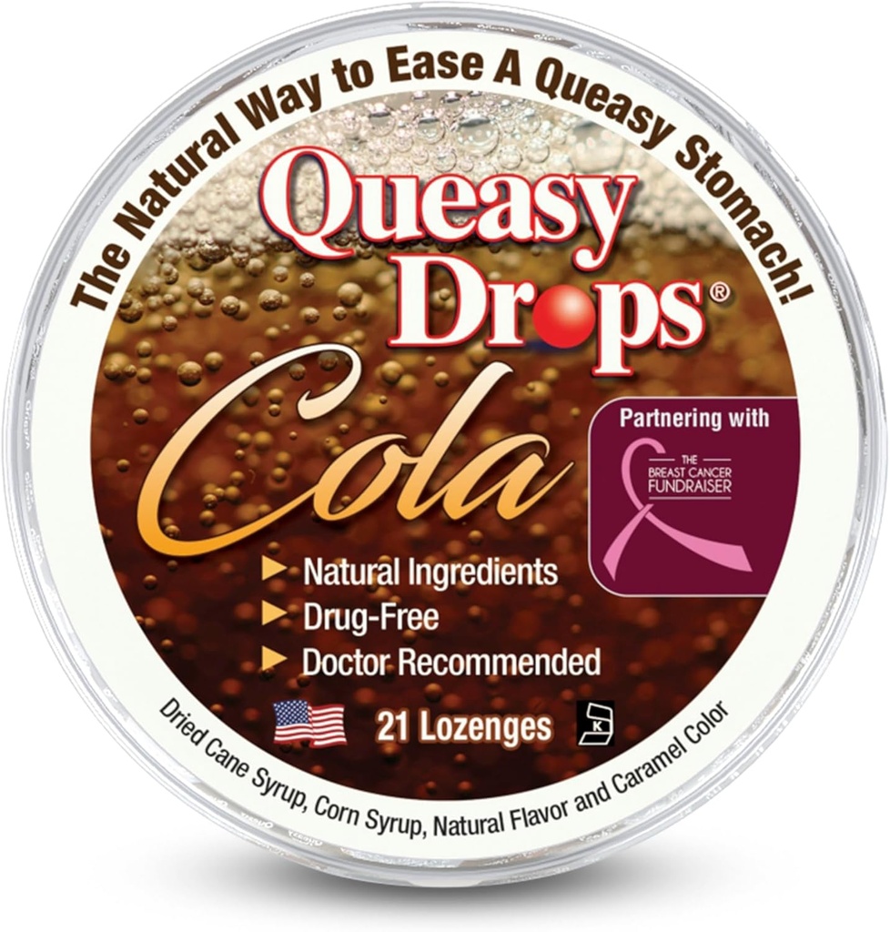 Three Lollies Queasy Drops - Cola Flavor - Relief from Nausea & Travel Sickness, Soothes a Dry Mouth & Settles Stomach - Natural Ingredients - 21 ct