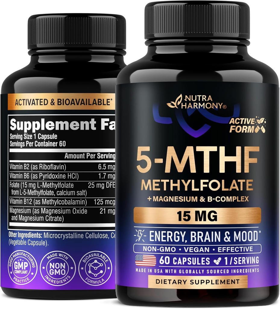 NUTRAHARMANY L Metylfolát 15 mg - 5- MTHF Metylfolát Supplement Plus Metyl B12, vitamíny B2 & B6, horčík - vyrobený v USA, 60 kapsúl na 2 mesiace