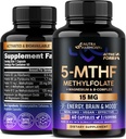NUTRAHARMONY L Metylfolat 15 mg - 5-MHF Metylfolat Supplement Plus Metyl B12, vitaminer B2 & B6, Magnesium - laget i USA, 60 kapsler i 2 måneder