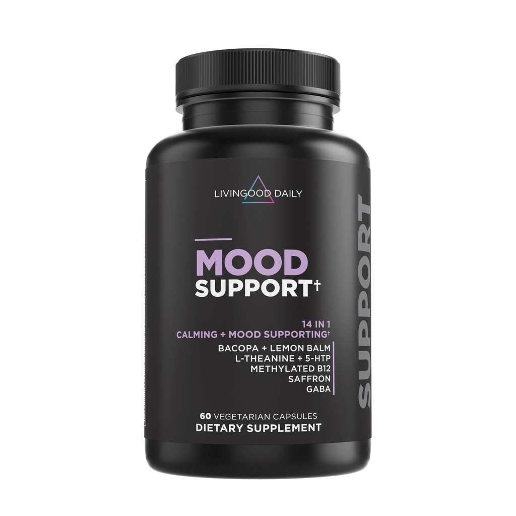 Livingood Daily Mood Support Supplement for Women & Men, 14-in-1 Formula with L Theanine, Lemon Balm, GABA, Saffron, 5-HTP & B12, Supports Focus & Emotional Wellness, Gluten Free, Vegan, 60 Capsules