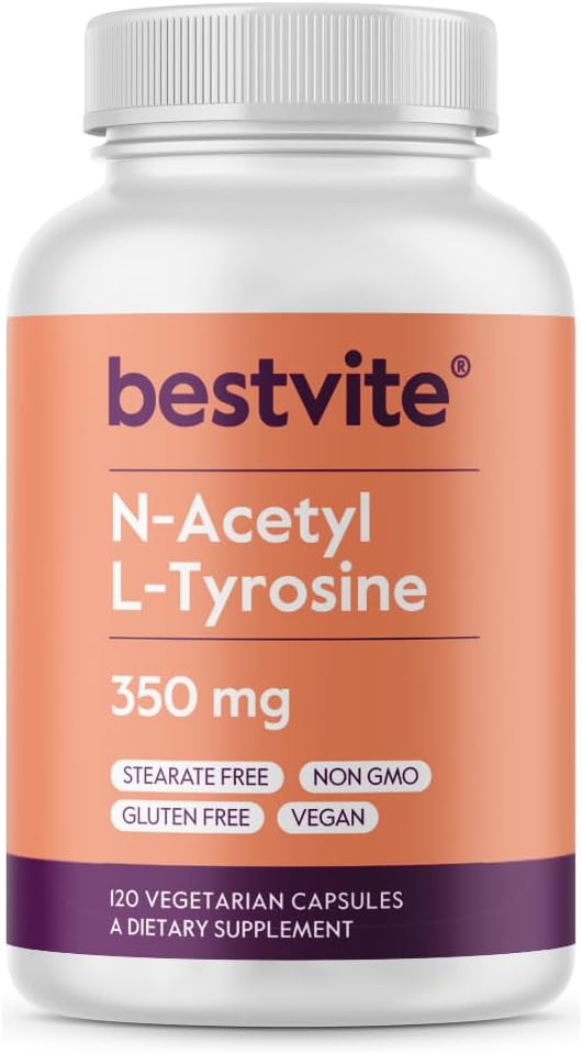 BESTVITE N- Acetyl L- Tyrosine 350mg (NALT) (120 kapsułek) - Brak stearynianów - Nie GMO - Bez glutenu