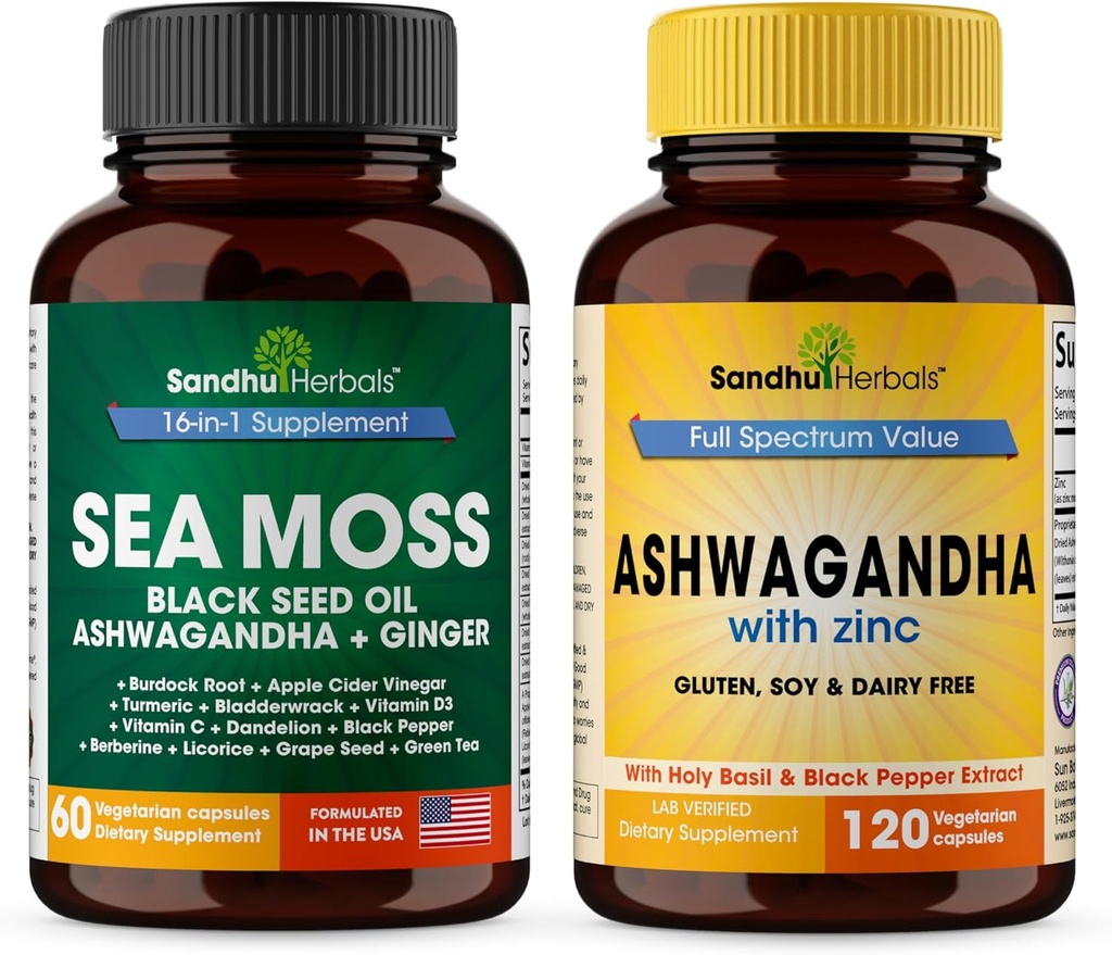 SANDHUHERBALS Sandhu Herbals Sea Moss 16 en 1 Supplément et 4 en 1 Supplément Ashwagandha Supporte la santé immunitaire et le bien-être général