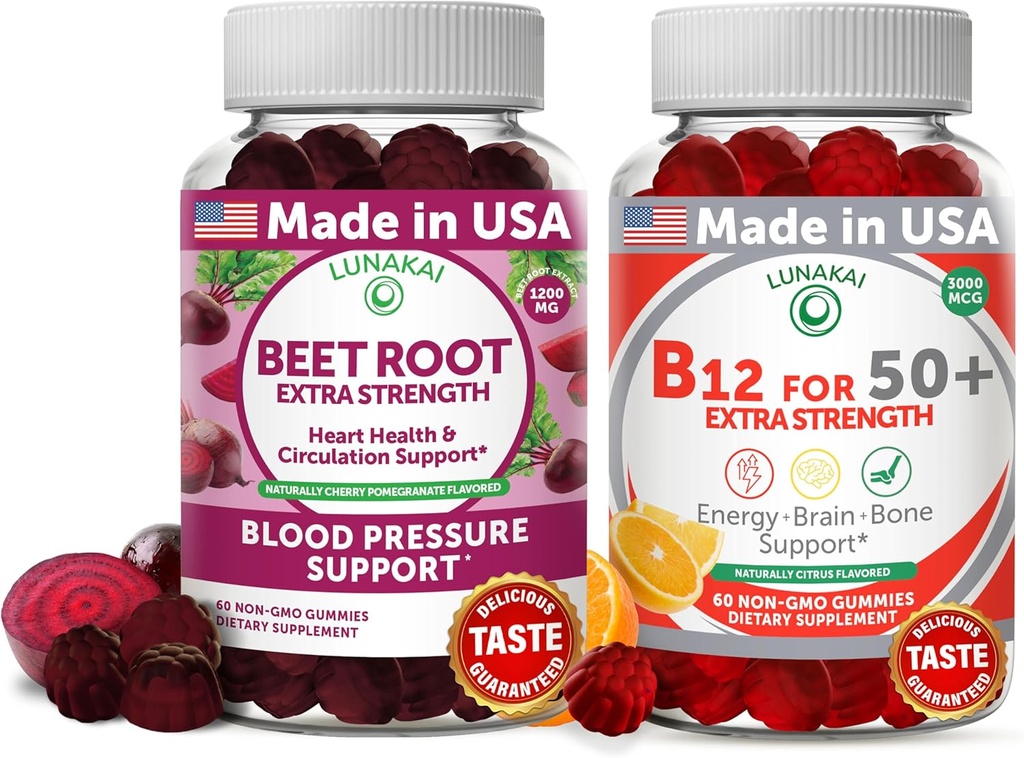 Lunakai Beet Root och Vitamin B12 Gummies för vuxna 50 Plus Bundle Proprietary Antioxidant Blend - Heart & Circulation Support, Energy & Vitality Boost, Hög styrka