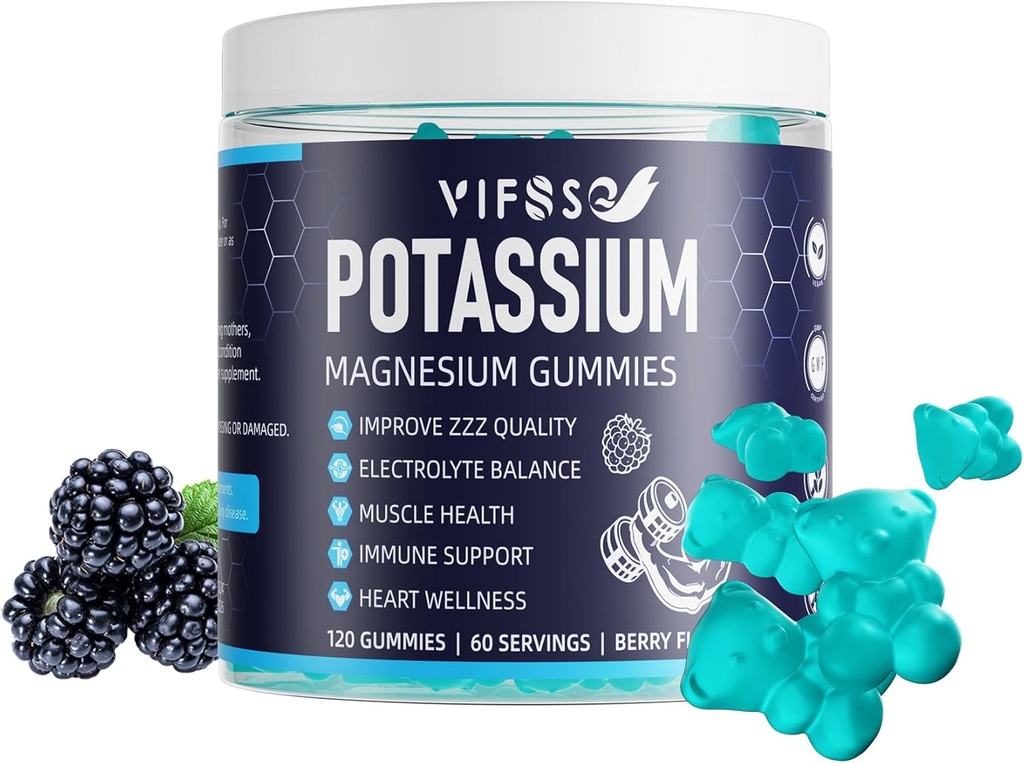 Potassium Magnésium Gummies, Potassium 120 Gummies sans sucre pour les hommes et les femmes, soutien jambes et muscles et santé cardiaque, Magnésium Glycinat Gummies Best for Bedtime, Vegan, Non-OGM, Berry Flavor