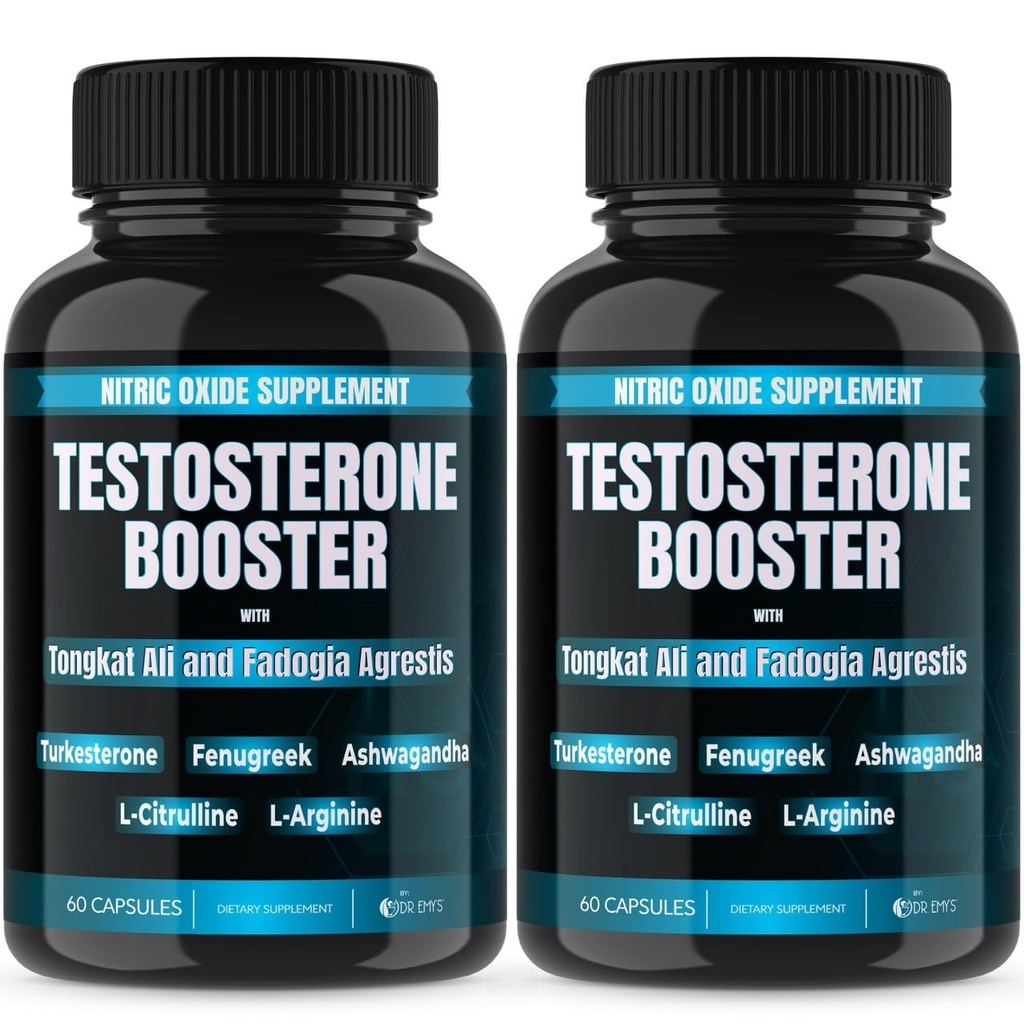 Dr. Emy's (2 Pack Testosterone Booster-Tongkat Ali Fadogia Agrestis Nitric Oxide Ashwagandha Supplement for Men with L Arginine Citrulline Fenugreek - Turkesterone Pre Workout Pump (120 Capsules)