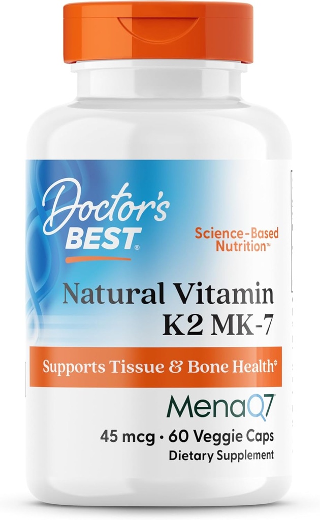 Doctors Best Natural Vitamin K2 MK-7, Support Tissue & Bone Health, None-GMO, Gluten Free, Soy Free, Vegan 60 Veggie Caps