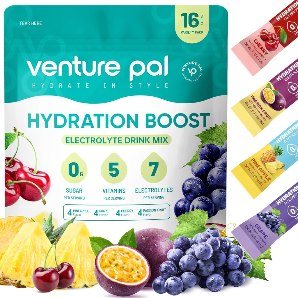 Venture Pal Sugar Pul Pulsuz Electrolyte Toz Packets - Fast Hydration & Party Recovery üçün maye IV İçki / 5 Vitamin & 7 Electrolytes / Keto Dostu / Qarşı-GMO / Sertifikatlaşdırma