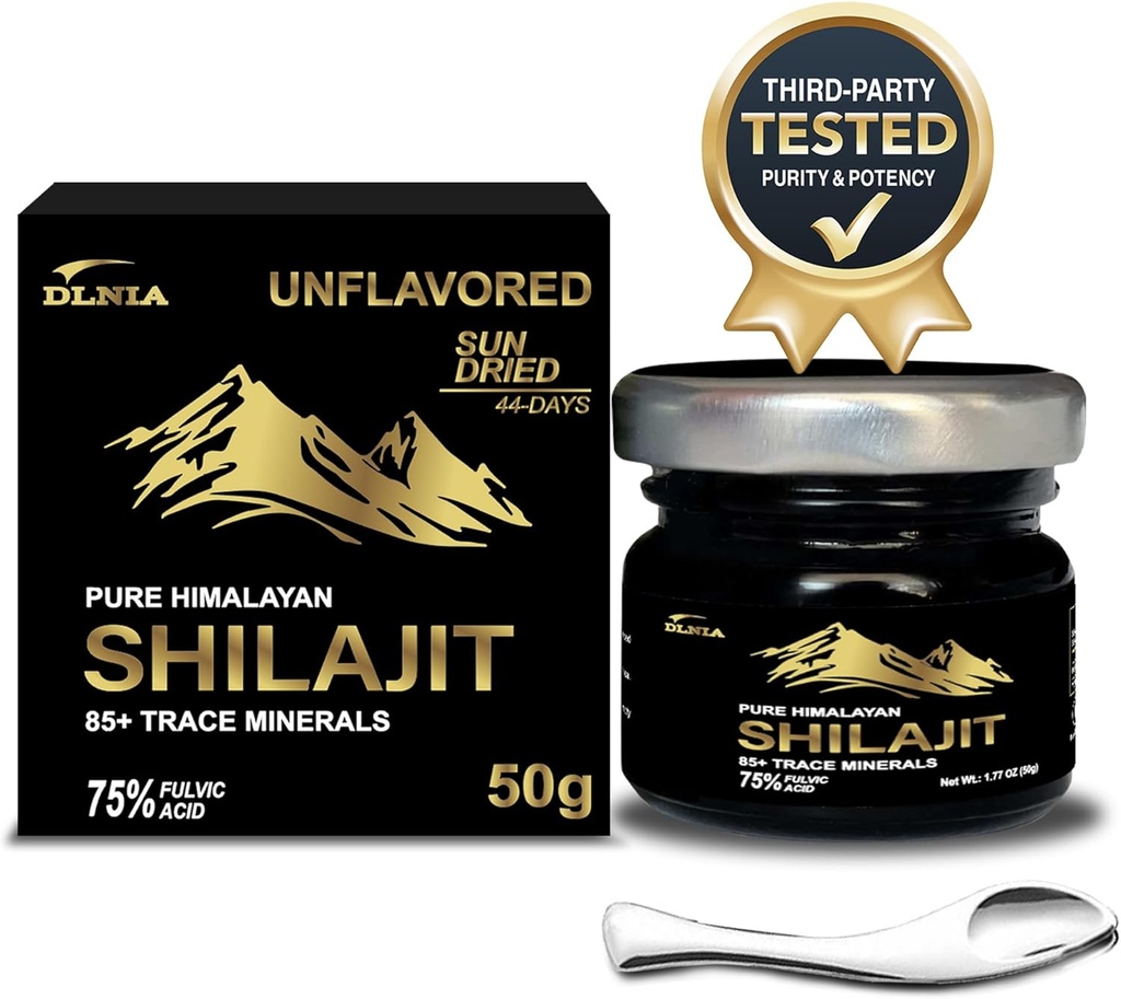 Autêntico Shilajit Puro Himalaia Orgânico Shilajit Suplemento de resina- Ouro+ Grau com 85+ Trace Minerals com 75% de ácido fulvico, energia global e suporte imunológico, Shilajit puro para homens e mulheres, 50g