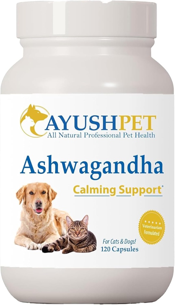 Ayush Pet Ashwagandha Capsules pour chiens et chats - Extrait de racine d'Ashwagandha biologique pour équilibre quotidien et calme, supplément de bien-être adaptogène pour animaux de compagnie, 500mg par gélule - 120 Compte