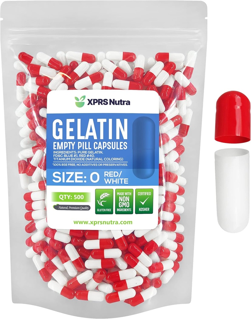 XPRS Nutra Size 0 Empty Capsules - 500 count Empty Gelatin Capsules - Pills DIY Capsule Filling - Pure Bovine Pill Gel Caps for Do- It-Your themselves supplements (Red/White)
