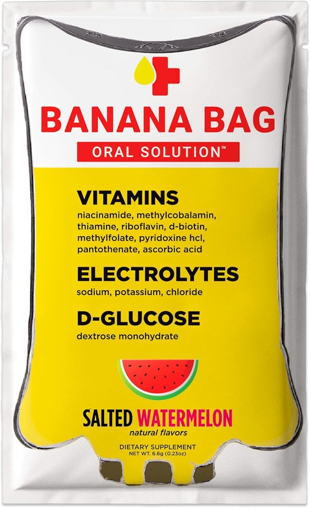 Banana Bag Oral Solution Packets – Salted Watermelon 15pk . A Refreshing Blend of Electrolytes, Vitamin C, and B-Complex for Hydration and Energy. مناسبة، سهلة إلى ميكس، ومثالية للاستخدام اليومي.