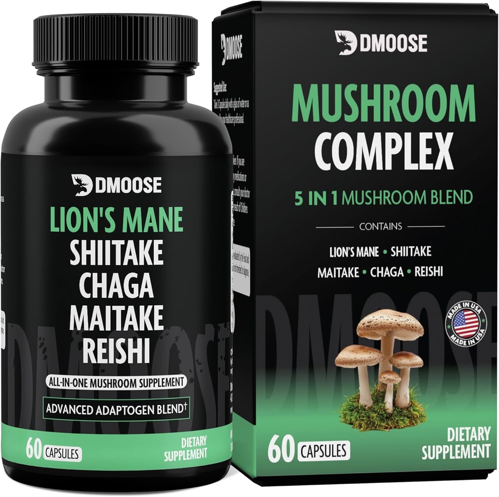 Lions Mane Mushroom Kompleksi - 5300 mg Yaxşılıq üçün Adaptogen Birləşdirilməsi, Focus və Immune Support - 5 1 Lionsmane, Chaga, Maitake, Shiitake və Reishi Ekstraktı, Nootropic Mushroom Supplement Capsules