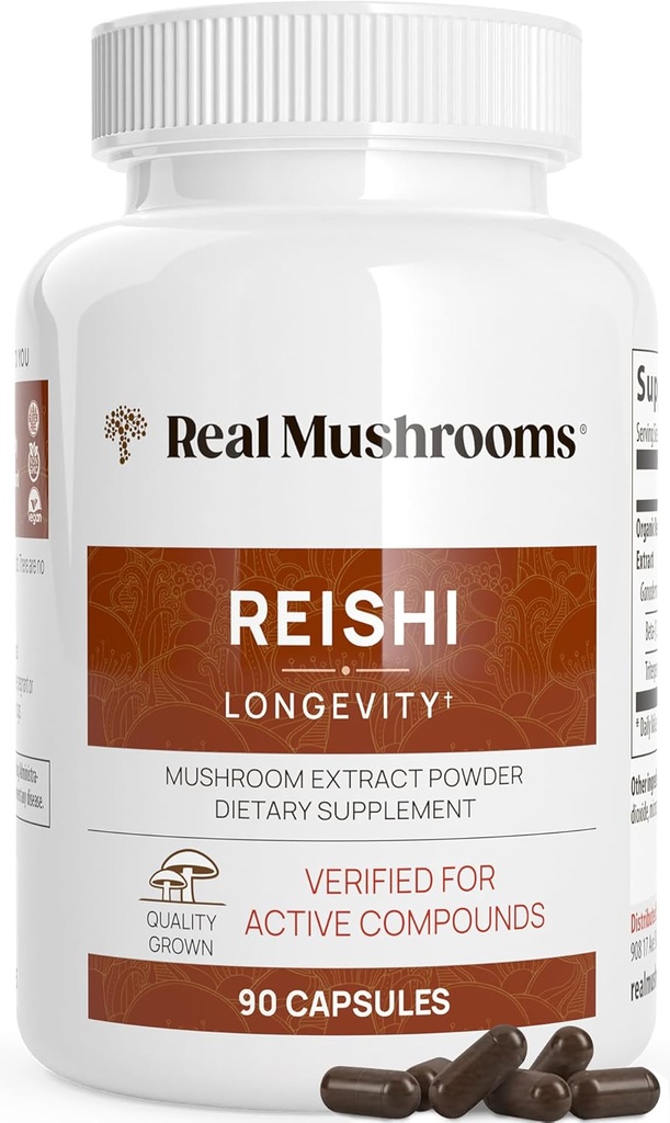 Skutočné Huby Reishi Huby Kapsule - Handpicked Organic Mushrom Extracts - Red Reishi od Tranquil Daily Wellness s overenými Beta Glucans Vegan, Non-GMO, bez Grain Fillers, 90 ct