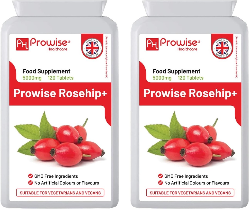 Rosehip Health+ (verpakking van 2) 5000mg 120 tabletten - UK geproduceerd GMP Gegarandeerde kwaliteit - Geschikt voor vegetariërs en veganisten door prowise gezondheidszorg