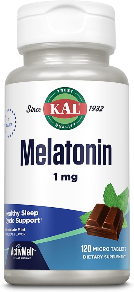 KAL Melatonin 1mg sleep Aid, Melatonin supplement Supports cooling chillation and a Healthy sleep Cycle, Fast Dissolving ActivMelts, Natural Chocolate Mint Flavor, Vegetarian, 120 Serv, 120 Micro Tabs