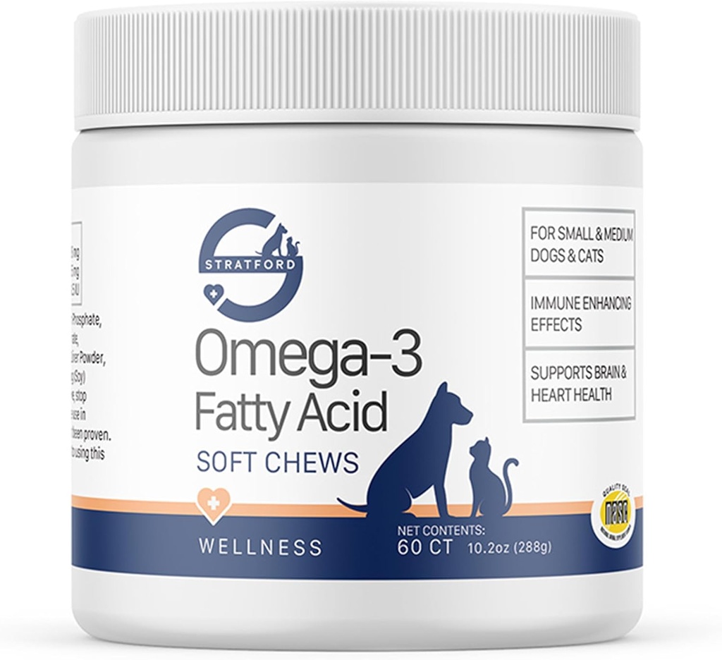 Stratford Pharmaceuticals EZ Chew Omega 3 gantz-azidoa Max Indarra - Dog Omega 3 osagarria - Soft Chew Treats Fish Oil for Dogs - Small and Medium Dogs - 60 Soft Chews