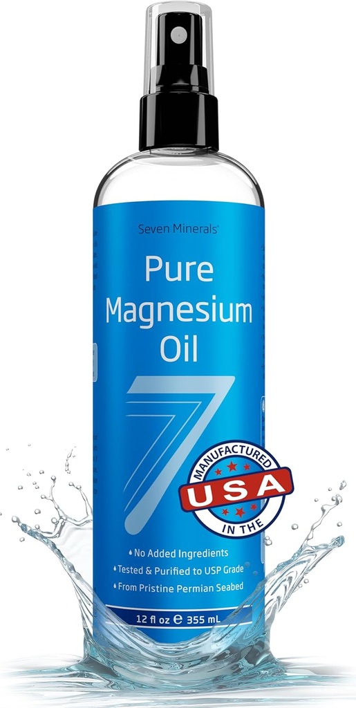 Seven Minerals Pure Magnezu Oil Spray, Big 12oz, USP klasy, Dodatkowa siła, do stóp, sen, bóle mięśni i skurcze - Mined in USA